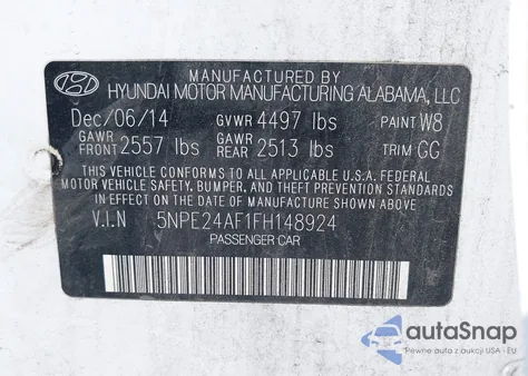 2015 Hyundai Sonata Se from USA, damaged, VIN 5NPE24AF1FH148924